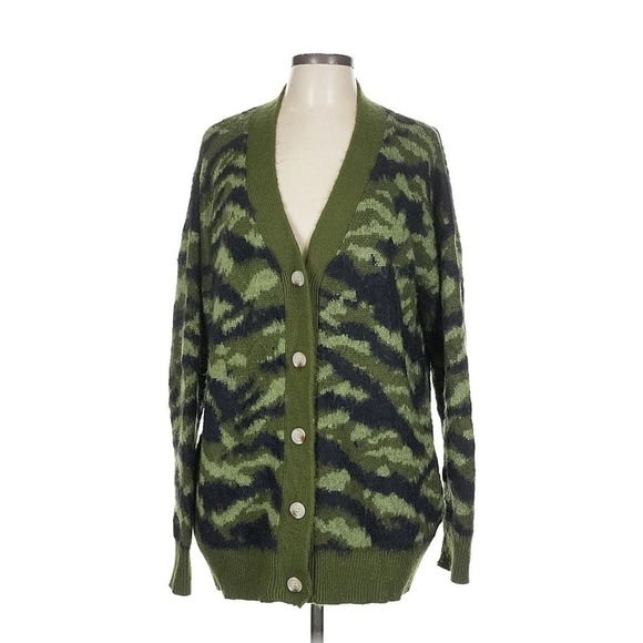 Womens Green Camouflage Fuzzy Knit Button Front Cardigan Sweater - Picture 2 of 3